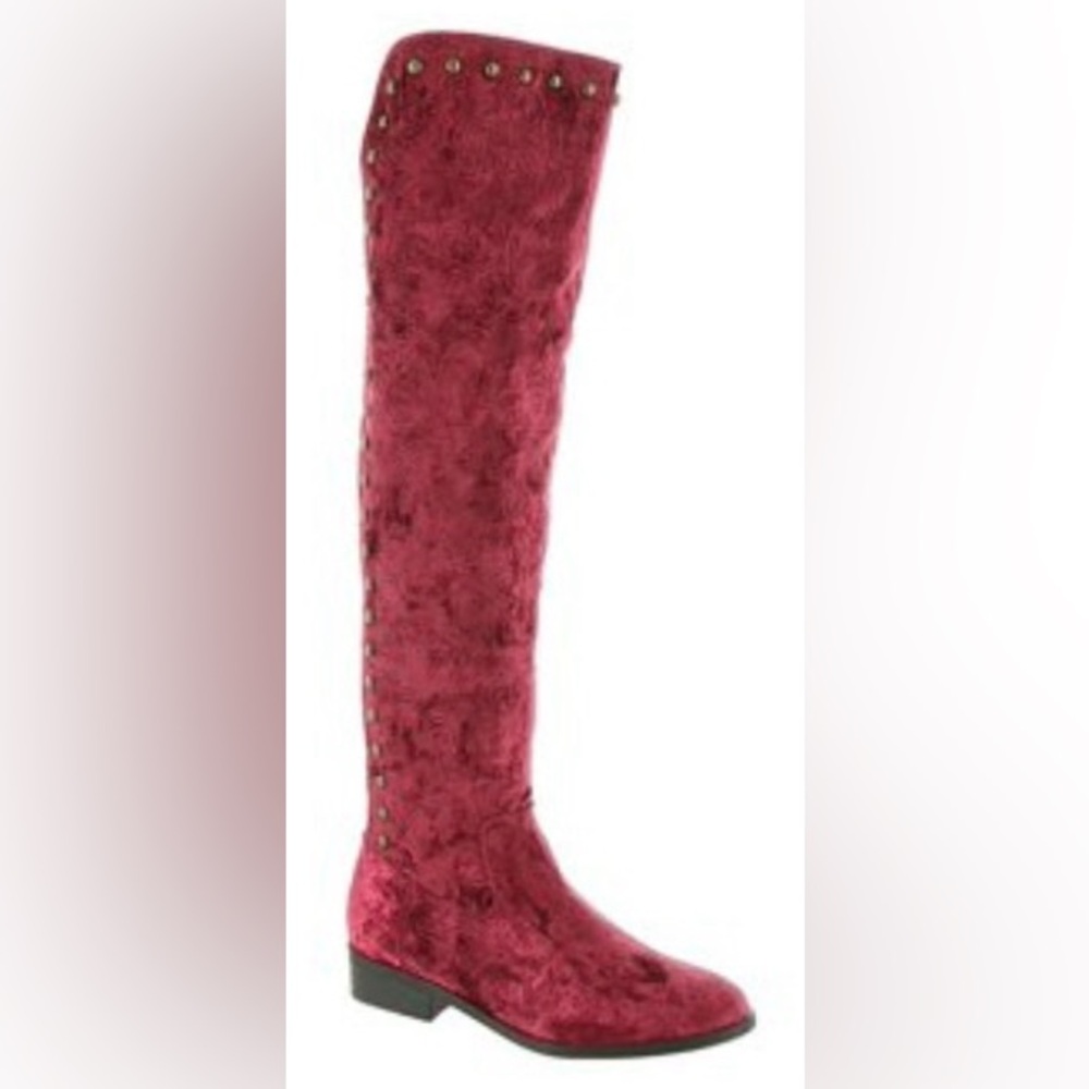 👢NIB! Burgundy Velvet Studded Knee High Boots